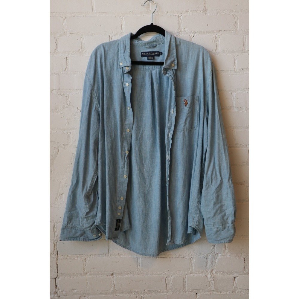 US Polo Assn Mens XL Light Blue Chambray Button Down Shirt 11D418 Logo Pocket